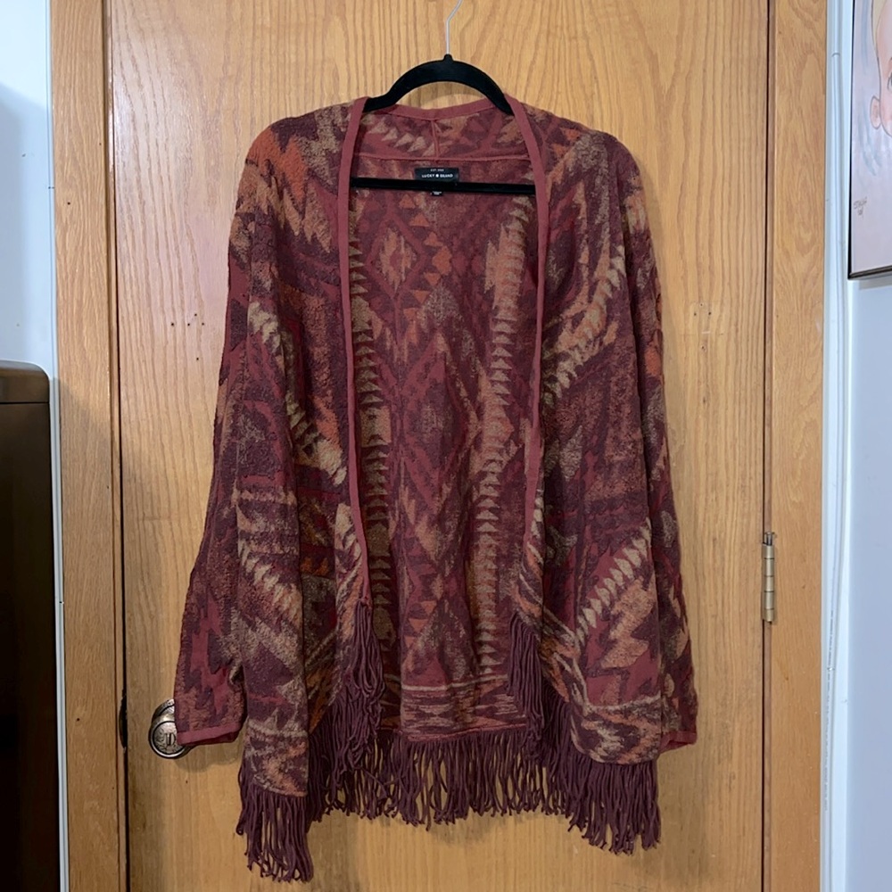 Lucky Brand Southwestern Rust Brown Brushed Knit Fringe Hem Cardigan